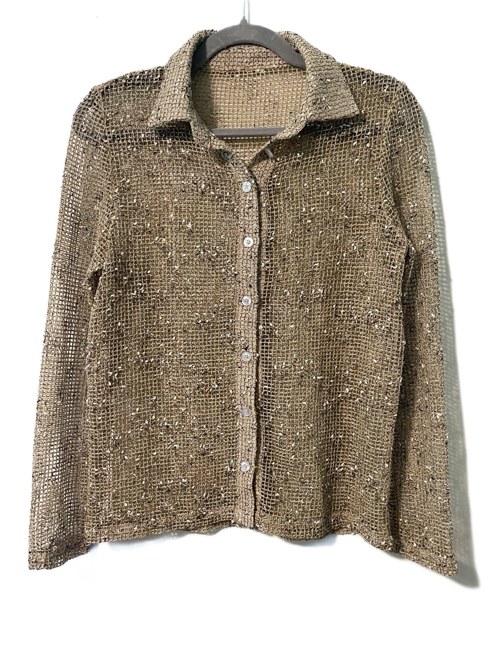 Vintage | Open Net Crochet Knit Button Up Shirt Brown Earthy